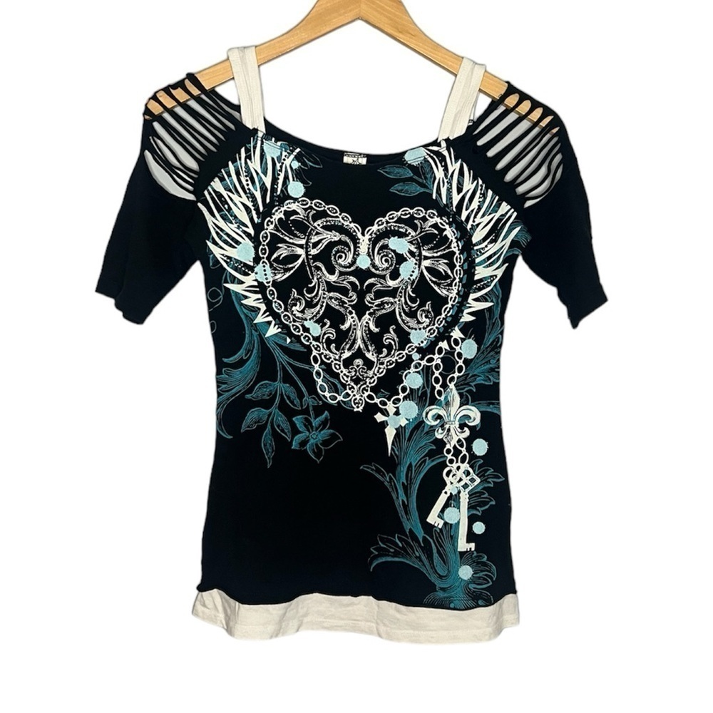 Y2K Ransom Gothic Heart Cutout Sleeve Baby Tee XS